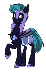 Size: 629x974 | Tagged: safe, artist:mylittlesheepy, imported from derpibooru, oc, oc only, oc:midnight chastise, bat pony, pony, armor, captain, ear piercing, eye scar, fangs, female, guardsmare, lip piercing, mare, night guard, piercing, royal guard, scar, simple background, solo, transparent background