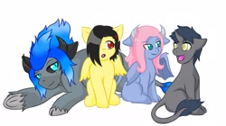 Size: 2260x1263 | Tagged: safe, artist:jolliapplegirl, imported from derpibooru, oc, oc only, oc:acheron, oc:diopside, oc:marigold, oc:sea holly, bat pony, hybrid, pegasus, pony, unicorn, adopted offspring, family, foal, interspecies offspring, magical gay spawn, next generation, offspring, parent:fluttershy, parent:iron will, parent:king sombra, parent:lord tirek, parents:canon x oc, parents:ironshy, parents:sombrashy, parents:sombrawill