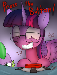 Size: 1124x1482 | Tagged: safe, artist:sandwich-anomaly, imported from derpibooru, sci-twi, spike, twilight sparkle, alicorn, dragon, pony, big red button, borderlands the pre-sequel, duo, for science, glasses, grin, just do it, looking down, mad scientist, ponies the anthology v, press the button, red button, scene interpretation, scitwilicorn, smiling, the science button, twilight snapple, twilight sparkle (alicorn)
