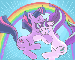 Size: 1280x1028 | Tagged: safe, artist:generictack, imported from derpibooru, starlight glimmer, twilight sparkle, alicorn, pony, unicorn, crying, eyes closed, floppy ears, rainbow, smiling, twilight sparkle (alicorn), wingless