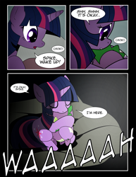 Size: 1275x1650 | Tagged: safe, artist:dsana, imported from derpibooru, spike, twilight sparkle, dragon, pony, comic:to look after, comforting, comic, crying, hug, mama twilight, nightmare, sleeping