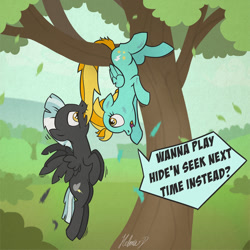 Size: 1024x1024 | Tagged: safe, artist:helmie-art, artist:helmie-d, imported from derpibooru, lightning dust, thunderlane, pegasus, pony, biting, bruised, male, nom, shipping, smiling, straight, tail bite, thunderdust, tree