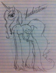 Size: 1024x1340 | Tagged: safe, artist:anxiouslilnerd, imported from derpibooru, oc, oc only, oc:thunderstorm, pony, unicorn, cloven hooves, female, fluffy, gift art, glasses, jewelry, lined paper, necklace, sketch, solo, traditional art, unicorn oc, unshorn fetlocks