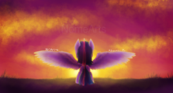 Size: 1024x554 | Tagged: safe, artist:nomearts, imported from derpibooru, twilight sparkle, alicorn, pony, female, solo, spread wings, sunset, twilight sparkle (alicorn), watermark