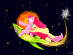 Size: 2560x1920 | Tagged: safe, artist:discordantdreams, imported from derpibooru, fluttershy, pinkie pie, pony, derp, rocket, smiling, space, sun
