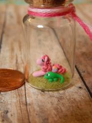 Size: 3456x4608 | Tagged: safe, artist:vivalahill, imported from derpibooru, gummy, pinkie pie, absurd resolution, bottle, craft, irl, penny, photo, sculpture, tiny, traditional art
