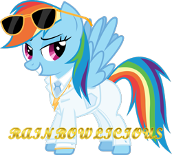 Size: 1139x1024 | Tagged: safe, artist:livehotsun, edit, imported from derpibooru, vector edit, rainbow dash, pony, clothes, female, image macro, meme, necklace, rainbow dash always dresses in style, rainbowlicious, simple background, solo, suit, sunglasses, transparent background, vector