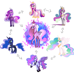 Size: 1280x1280 | Tagged: safe, artist:sand-filled-scarecrow, deleted from derpibooru, imported from derpibooru, princess cadance, princess celestia, princess luna, alicorn, hybrid, pony, alicorn triarchy, big crown thingy, fusion, fusion diagram, hexafusion, horseshoes, jewelry, regalia, simple background, white background
