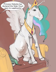 Size: 1280x1656 | Tagged: safe, artist:silfoe, imported from derpibooru, princess celestia, oc, oc only, oc:horace octavius reginald sorrel edward, horse, pony, royal sketchbook, dialogue, fake horn, fake wings, hoers, offscreen character, paint on fur, princess celestia is a horse, sitting, solo, speech bubble, throne