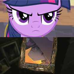 Size: 1256x1260 | Tagged: safe, idw, imported from derpibooru, shadow lock, twilight sparkle, pony, unicorn, spoiler:comic51, angry, meme, resident evil, resident evil 7, vulgar