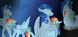 Size: 2726x1300 | Tagged: safe, artist:neonaarts, imported from derpibooru, nightshade, rainbow dash, pegasus, pony, blushing, female, grumpy, hug, lesbian, mare, rainbowshade, shadowbolts, shipping, size difference, smiling, tsunderainbow, tsundere