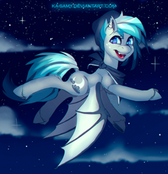 Size: 1000x1034 | Tagged: safe, artist:ka-samy, imported from derpibooru, oc, oc only, oc:stormy nights, bat pony, pony, bat pony oc, beanie, cloud, ear piercing, earring, flying, hat, jewelry, night, piercing, solo, stars