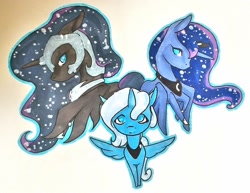 Size: 1024x791 | Tagged: safe, artist:oneiria-fylakas, imported from derpibooru, nightmare moon, princess luna, bust, lunar trinity, portrait, s1 luna, traditional art, triality