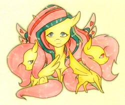 Size: 1024x857 | Tagged: safe, artist:oneiria-fylakas, imported from derpibooru, fluttershy, bat pony, pony, flutterbat, race swap, rainbow power, traditional art, triality