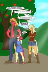 Size: 1024x1536 | Tagged: safe, artist:nwinter3, imported from derpibooru, apple bloom, applejack, big macintosh, anthro, abs, apple siblings, apple tree, boots, breasts, busty applejack, cleavage, clothes, cowboy boots, crossed arms, daisy dukes, dress, female, hand on head, jeans, male, movie reference, open clothes, pants, shirt, shoes, shorts, the lion king