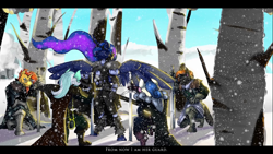 Size: 900x506 | Tagged: safe, artist:eztp, imported from derpibooru, bon bon, lyra heartstrings, princess luna, sunburst, sweetie drops, oc, anthro, unguligrade anthro, armor, clothes, commission, kneeling, snow, snowfall, sword, text, weapon, widescreen