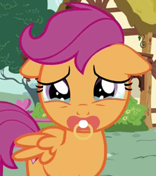 Size: 395x444 | Tagged: safe, edit, edited screencap, editor:mrdoctorderpy, imported from derpibooru, screencap, scootaloo, the fault in our cutie marks, cropped, crying, cute, cutealoo, floppy ears, frown, pacifier, pacifier edit, sad