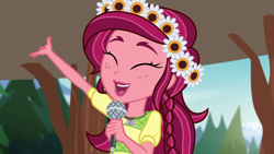 Size: 1280x720 | Tagged: safe, imported from derpibooru, screencap, gloriosa daisy, equestria girls, legend of everfree, cute, daisybetes, female, flower, happy, magical geodes, microphone, solo