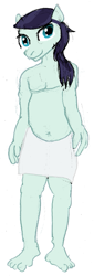 Size: 269x789 | Tagged: safe, artist:nastipone, deleted from derpibooru, imported from derpibooru, coloratura, anthro, plantigrade anthro, belly button, looking at you, rule 63, simple background, smiling, solo, tessiture, towel, white background