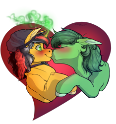 Size: 3000x3209 | Tagged: safe, artist:envyshinyhunter, imported from derpibooru, oc, oc only, oc:envyshinyhunter, oc:squishy slime, pony, unicorn, blushing, colored pupils, female, heart, kissing, male, mare, simple background, stallion, straight, transparent background