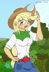 Size: 1750x2537 | Tagged: safe, artist:bakumaru01, imported from derpibooru, applejack, equestria girls, apple tree, clothes, cowboy hat, cute, denim skirt, female, freckles, hat, open mouth, skirt, solo, stetson, tree