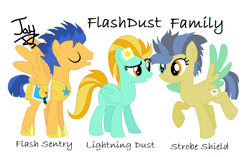 Size: 952x596 | Tagged: safe, artist:jaythecatlover, imported from derpibooru, flash sentry, lightning dust, oc, oc:strobe shield, armor, family, flashdust, flower, flower in hair, male, offspring, parent:flash sentry, parent:lightning dust, parents:flashdust, shipping, straight