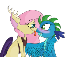 Size: 3200x2400 | Tagged: safe, artist:xxsunsetshimmer23xx, imported from derpibooru, oc, oc only, oc:bedlam, oc:burgeon flare, dragon, hybrid, kindverse, blushing, female, interspecies offspring, lesbian, looking at each other, offspring, offspring shipping, parent:discord, parent:fluttershy, parent:princess ember, parent:spike, parents:discoshy, parents:emberspike, shipping, simple background, tongue out, transparent background