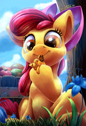 Size: 823x1200 | Tagged: safe, artist:tsitra360, imported from derpibooru, apple bloom, applejack, earth pony, pony, bridle gossip, apple, appletini, basket, butt, cowboy hat, cute, duo, duo female, female, flower, food, fruit, grass, hat, micro, plot, poison joke, sisters, size difference, smiling, stetson, tiny ponies, tree, updated