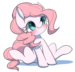 Size: 1612x1547 | Tagged: safe, artist:ccc, imported from derpibooru, pinkie pie, earth pony, pony, blushing, cute, diapinkes, female, mare, simple background, sitting, solo, white background