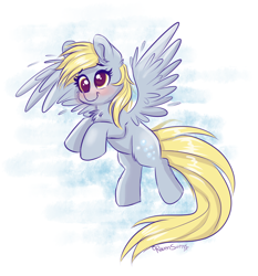 Size: 1634x1753 | Tagged: safe, artist:confetticakez, imported from derpibooru, derpy hooves, pegasus, pony, blushing, chest fluff, cute, derpabetes, female, flying, mare, raised hoof, smiling, solo, spread wings