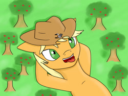 Size: 3264x2448 | Tagged: safe, artist:makershy, imported from derpibooru, applejack, oc, oc:unknown, unnamed oc, pony, apple tree, cowboy hat, feeding, freckles, giant pony, hat, macro, on back, open mouth, stetson, tongue out, tree