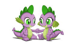 Size: 2560x1600 | Tagged: safe, artist:mysticalpha, imported from derpibooru, spike, dragon, baby, baby dragon, barb, barbabetes, claws, cute, fangs, female, green eyes, holding hands, looking at each other, male, rule 63, rule63betes, self dragondox, selfcest, shadow, shipping, signature, simple background, sitting, smiling, spikabetes, spikebarb, white background