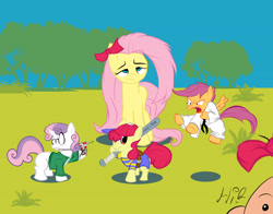 Size: 4200x3300 | Tagged: safe, artist:torcher999, imported from derpibooru, apple bloom, fluttershy, scootaloo, sweetie belle, earth pony, pegasus, pony, unicorn, absurd resolution, cutie mark crusaders, earthbound, lidded eyes, messy mane, mr. saturn