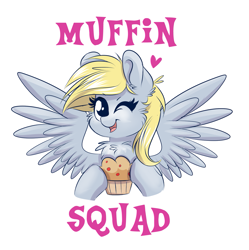 Size: 1567x1576 | Tagged: safe, artist:confetticakez, imported from derpibooru, derpy hooves, pegasus, pony, chest fluff, cute, derpabetes, ear fluff, female, food, heart, looking at you, mare, muffin, one eye closed, open mouth, simple background, smiling, solo, spread wings, that pony sure does love muffins, white background, wink