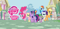 Size: 1600x776 | Tagged: safe, imported from derpibooru, applejack, fluttershy, pinkie pie, rainbow dash, rarity, spike, twilight sparkle, dragon, mane seven, mane six, my little pony logo, ponyville