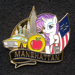 Size: 548x543 | Tagged: safe, artist:southparktaoist, deleted from derpibooru, imported from derpibooru, rarity, pony, unicorn, apple, female, flag, food, irl, lidded eyes, manehattan, mare, new york city, photo, pin, statue of liberty, taxi