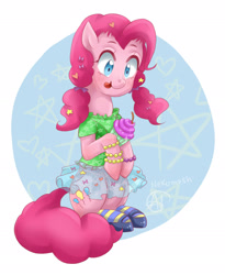 Size: 1808x2204 | Tagged: safe, artist:nekomash, imported from derpibooru, pinkie pie, pony, alternate hairstyle, clothes, cupcake, cute, female, food, licking, licking lips, mary janes, pigtails, shoes, skirt, socks, solo, tongue out, twintails