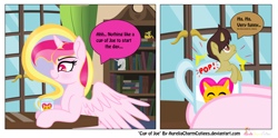 Size: 1024x506 | Tagged: safe, artist:raspberrystudios, imported from derpibooru, oc, oc only, oc:aurelia charm, oc:mister joe, alicorn, pony, unicorn, alicorn oc, coffee, comic, mug, ponified, ponysona, pun