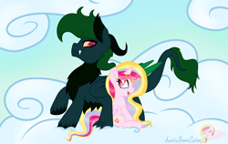 Size: 1024x648 | Tagged: safe, artist:raspberrystudios, imported from derpibooru, oc, oc only, oc:aurelia charm, oc:zae fervor, alicorn, draconequus, pony, alicorn oc, cloud, female, green coat, handsome, horn, male, mare, multicolored hair, multiple legs, multiple limbs, pink coat, shipping, sky, stallion, straight, zaelia