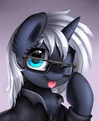 Size: 1446x1764 | Tagged: safe, artist:pridark, imported from derpibooru, oc, oc only, oc:yaasho, pony, unicorn, bust, chest fluff, clothes, commission, cute, ear fluff, fluffy, glasses, one eye closed, portrait, raised hoof, solo, tongue out, wink