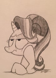 Size: 1712x2379 | Tagged: safe, artist:sparkarez, imported from derpibooru, starlight glimmer, pony, unicorn, bored, female, lidded eyes, monochrome, solo, traditional art, waiting