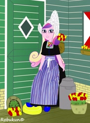 Size: 2550x3500 | Tagged: safe, artist:robukun, imported from derpibooru, princess cadance, equestria girls, apron, basket, cheese, clogs, clothes, dean cadance, dutch, dutch cap, female, food, hat, netherlands, solo, tulip