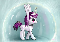 Size: 1725x1237 | Tagged: safe, artist:xbi, imported from derpibooru, oc, oc only, oc:lapush buns, pony, unicorn, bowtie, bunny ears, bunnycorn, force field, male, rain, solo, walking