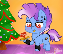 Size: 1024x890 | Tagged: safe, artist:raspberrystudios, imported from derpibooru, oc, oc only, earth pony, pony, chibi, christmas, christmas tree, cookie, ear piercing, ear stretchers, food, gauges, hearth's warming, jewelry, necklace, piercing, santa claus, secret santa, solo, stallion small pone, tree