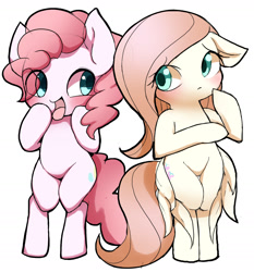 Size: 2027x2175 | Tagged: safe, artist:ccc, imported from derpibooru, fluttershy, pinkie pie, earth pony, pony, bipedal, cute, diapinkes, shyabetes, simple background, white background