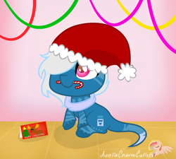 Size: 1024x920 | Tagged: safe, artist:raspberrystudios, imported from derpibooru, oc, oc only, pony, big eyes, candy, candy cane, chibi, christmas, christmas card, cute, food, hat, long tail, male, santa hat, sitting, smolpone, solo, stallion, streamers