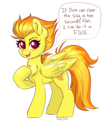 Size: 1314x1529 | Tagged: safe, artist:confetticakez, imported from derpibooru, spitfire, pegasus, pony, 10 seconds flat, bragging, chest fluff, dialogue, female, simple background, solo, speech bubble, white background