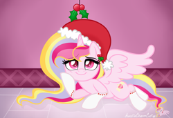 Size: 4759x3258 | Tagged: safe, artist:raspberrystudios, imported from derpibooru, oc, oc only, oc:aurelia charm, alicorn, pony, absurd resolution, alicorn oc, clothes, cute, holly, holly mistaken for mistletoe, leaning, socks, solo, spread wings, sultry pose, wings