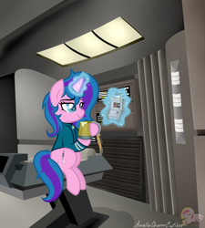 Size: 2448x2715 | Tagged: safe, artist:raspberrystudios, imported from derpibooru, oc, oc only, pony, unicorn, cider, clothes, commission, game, magic, medical, relax, sitting, solo, star trek, tricorder