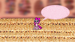 Size: 1920x1080 | Tagged: safe, artist:employeeamillion, imported from derpibooru, pinkie pie, earth pony, pony, ask micro pinkie pie, female, golden oaks library, micro, solo, speech bubble, table